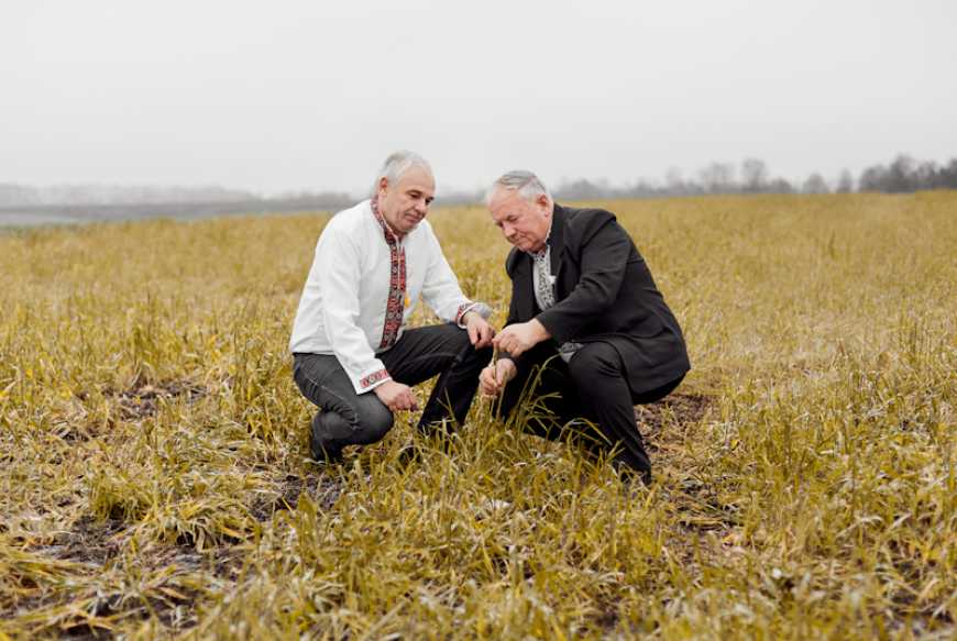 Науковці Андрій Калинка та Валерій Брусков оглядають майбутній врожай на полі, де застосовують сівозміни